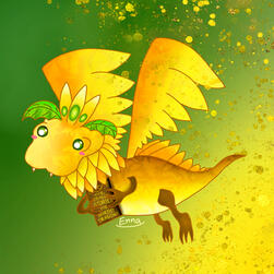 A yellow and orange gradient dragon flying while holding a book. The dragon design is based on a sunflower.