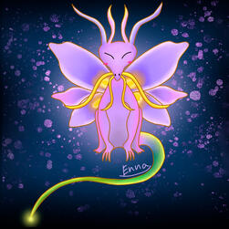 A pink-purple dragon with wings like the petals of an iris, facing forward. Its tail is a green and yellow gradient with a yellow light glowing at the tip. Design is inspired by an iris.
