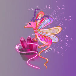 A pink dragon with fairy wings holding onto dark pink crystals. The dragon has a rose design on its back.