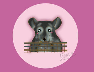 A chinchilla with front paws on the edge of the cage entrance. Only upper half body visible.