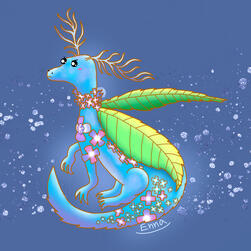 A blue and purple gradient dragon with wings in the shape of a hydrangea's leaves, sitting and looking stern. Has hydrangea flowers on its body.